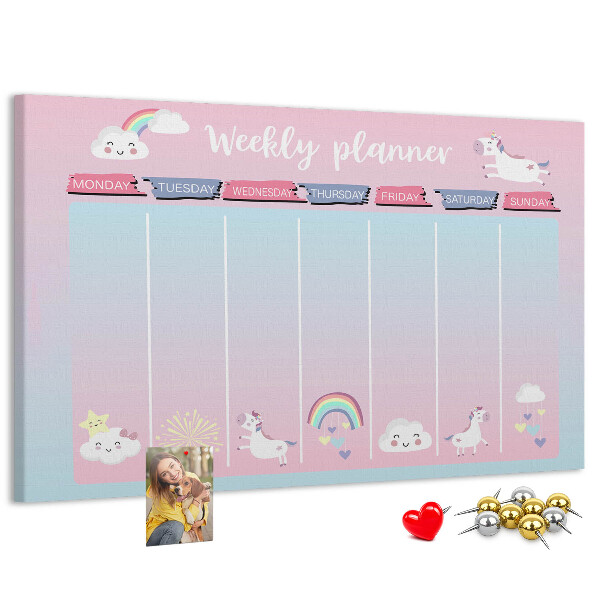 Kurk prikbord weekplanner met kleurrijke eenhoorns