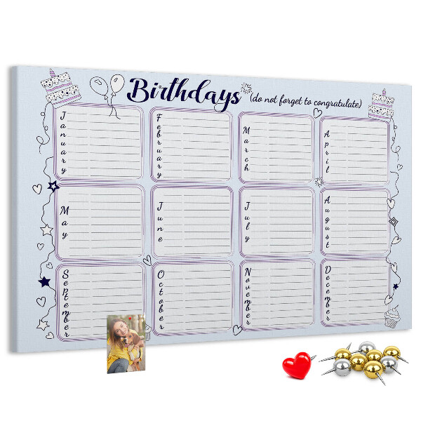 Verjaardagskalender met kleurrijke accenten en prikbord
