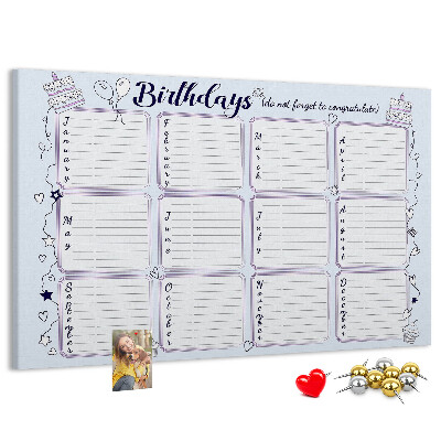 Verjaardagskalender met kleurrijke accenten en prikbord