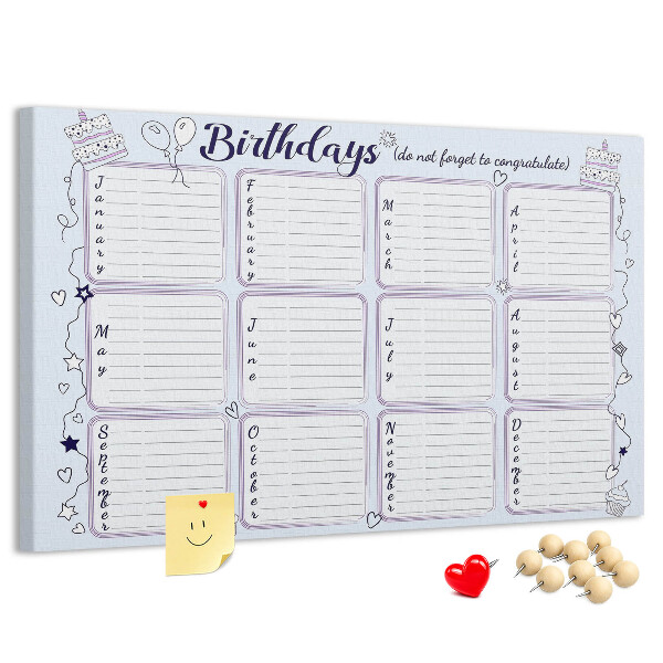 Verjaardagskalender met kleurrijke accenten en prikbord