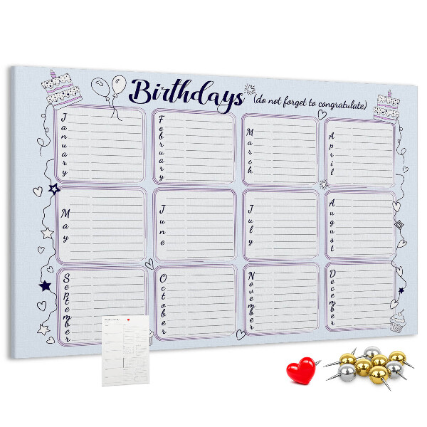 Verjaardagskalender met kleurrijke accenten en prikbord