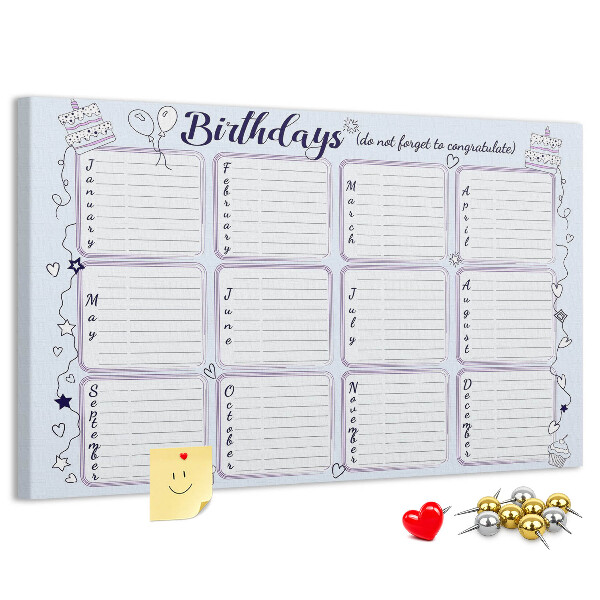 Verjaardagskalender met kleurrijke accenten en prikbord