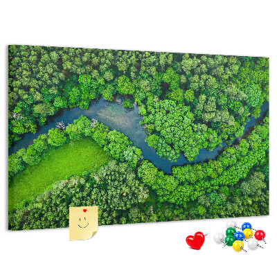 Kurk prikbord met een afbeelding van een groen landschap met een kronkelende rivier