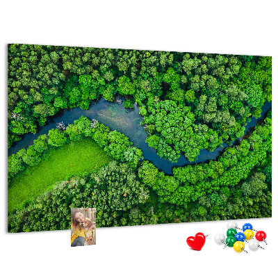 Kurk prikbord met een afbeelding van een groen landschap met een kronkelende rivier