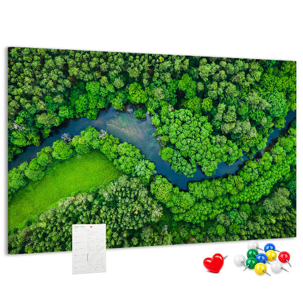 Kurk prikbord met een afbeelding van een groen landschap met een kronkelende rivier