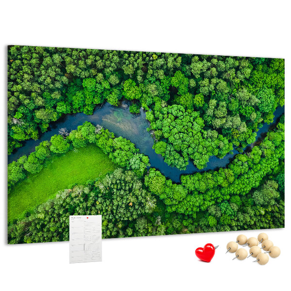 Kurk prikbord met een afbeelding van een groen landschap met een kronkelende rivier