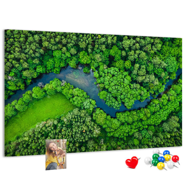 Kurk prikbord met een afbeelding van een groen landschap met een kronkelende rivier