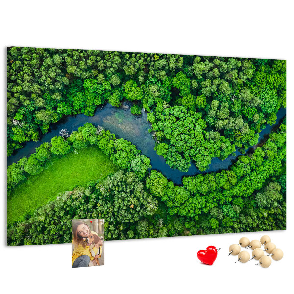 Kurk prikbord met een afbeelding van een groen landschap met een kronkelende rivier