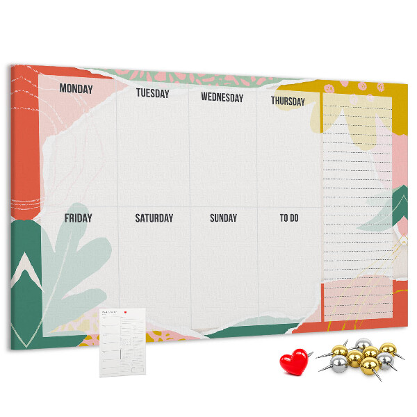 Kurkbord met bloemenkalender en kleurrijke accenten