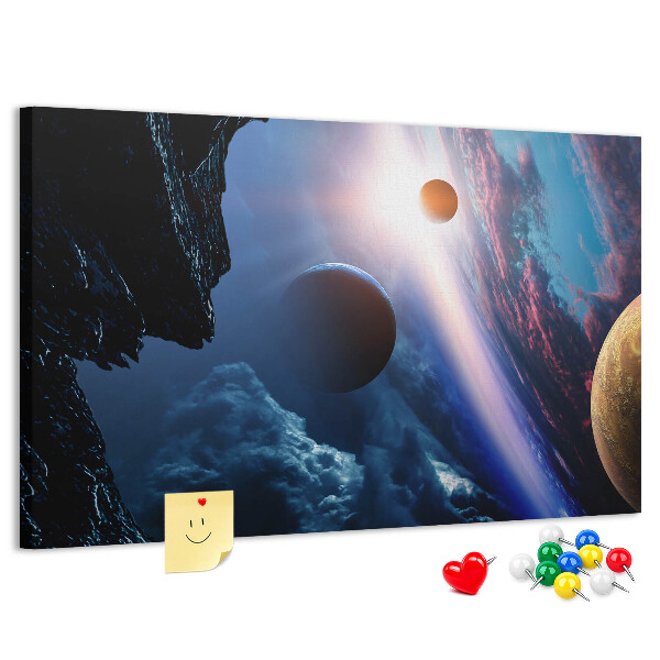 Kurk prikbord met ruimtelandschap met planeten en wolken
