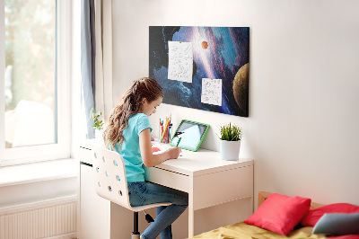 Kurk prikbord met ruimtelandschap met planeten en wolken