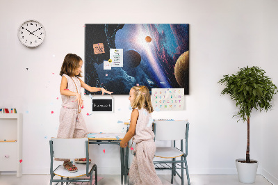 Kurk prikbord met ruimtelandschap met planeten en wolken