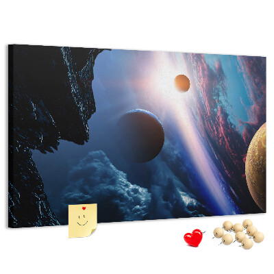 Kurk prikbord met ruimtelandschap met planeten en wolken