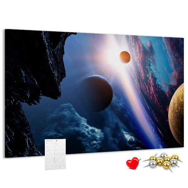 Kurk prikbord met ruimtelandschap met planeten en wolken