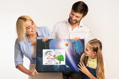 Kurk prikbord met ruimtelandschap met planeten en wolken
