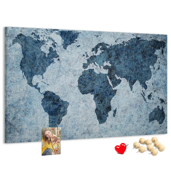 Kurk prikbord oude wereldkaart in blauwe tinten