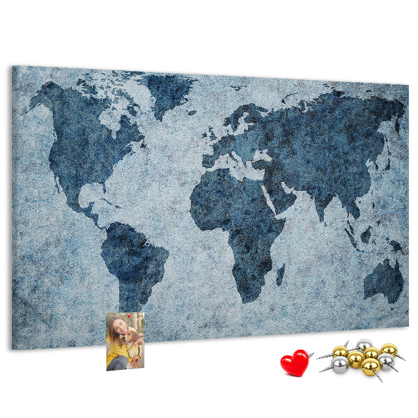 Kurk prikbord oude wereldkaart in blauwe tinten
