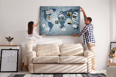Kurk prikbord oude wereldkaart in blauwe tinten