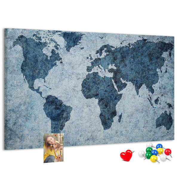 Kurk prikbord oude wereldkaart in blauwe tinten