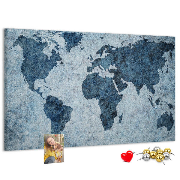 Kurk prikbord oude wereldkaart in blauwe tinten
