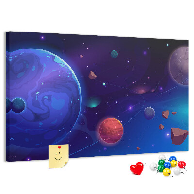 Prikbord ruimtelandschap met planeten en asteroïden
