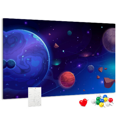 Prikbord ruimtelandschap met planeten en asteroïden
