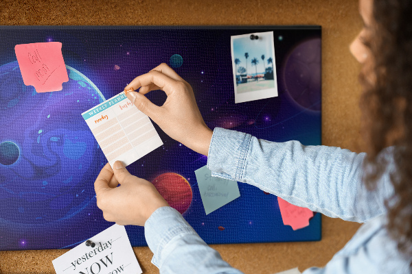 Prikbord ruimtelandschap met planeten en asteroïden