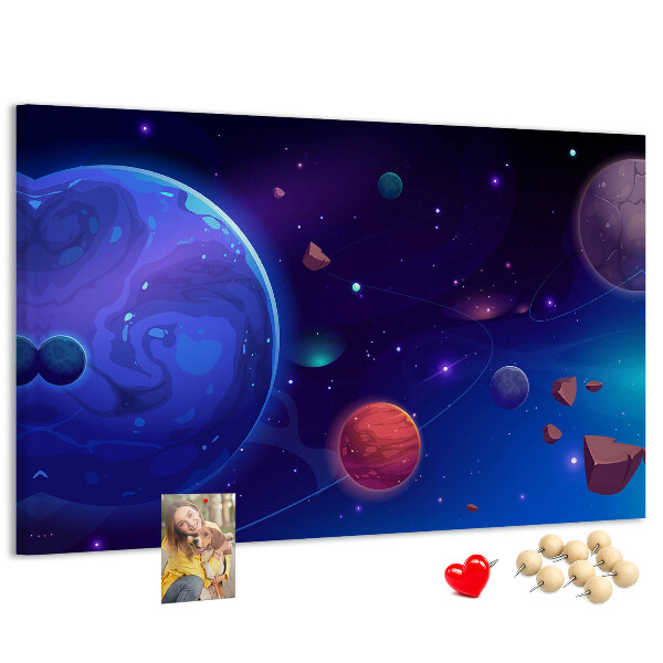 Prikbord ruimtelandschap met planeten en asteroïden
