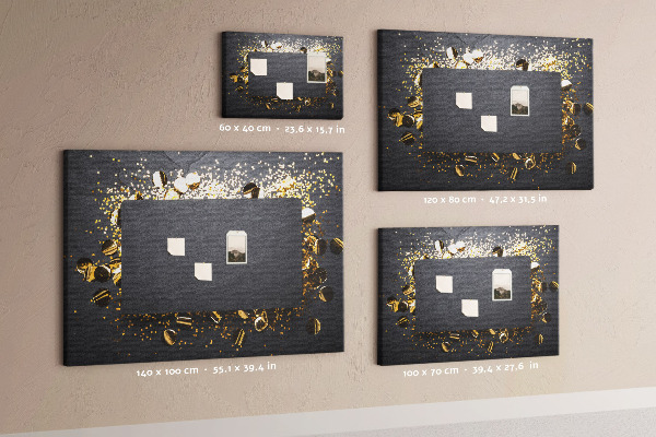 Kurk prikbord met gouden confetti op een zwarte achtergrond