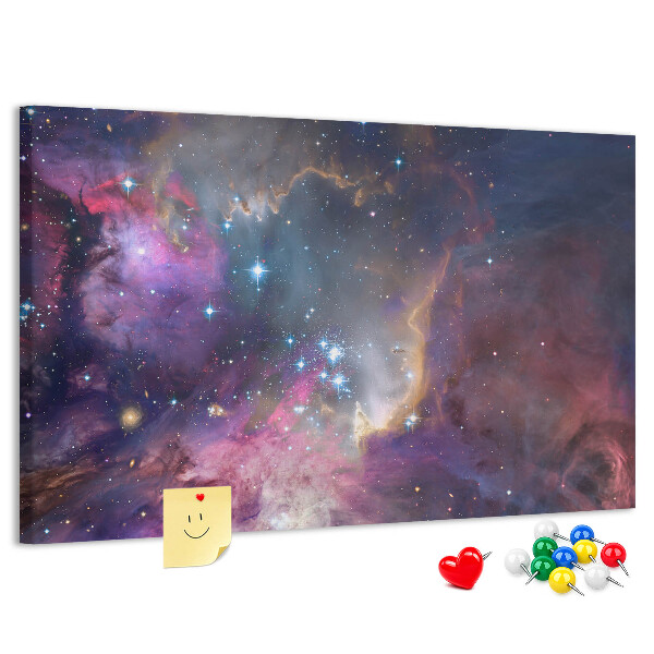 Kurkbord met een afbeelding van een ruimtelandschap met sterren en nevels