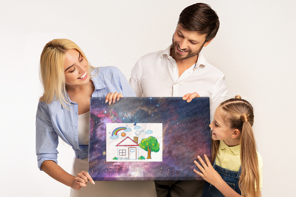 Kurkbord met een afbeelding van een ruimtelandschap met sterren en nevels