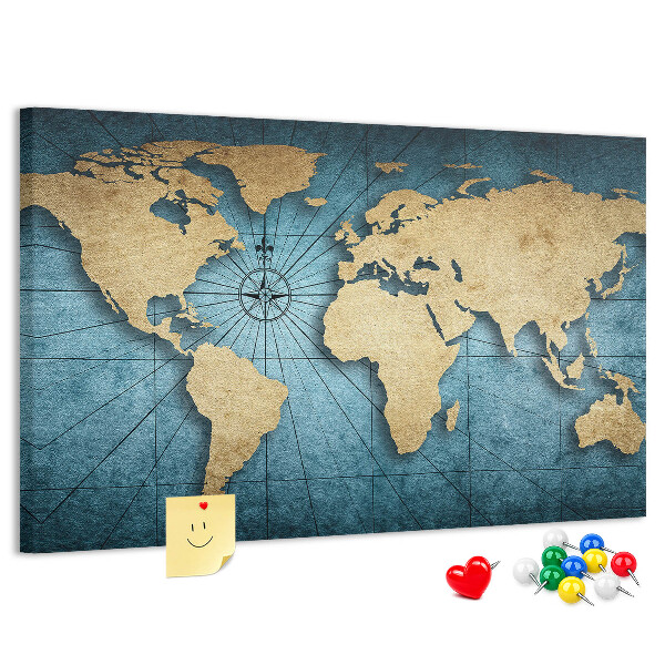 Prikbord oude wereldkaart met kompas