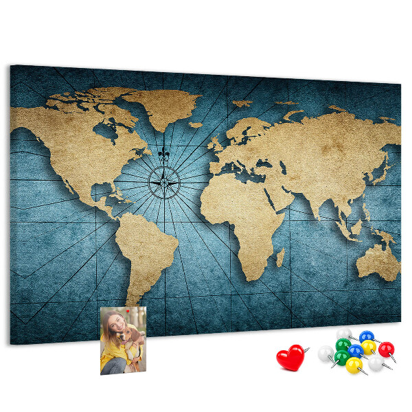 Prikbord oude wereldkaart met kompas