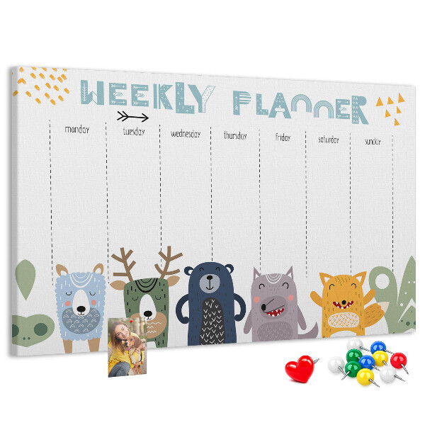 Kurkbord met kleurrijke weekplanner en dierenprint