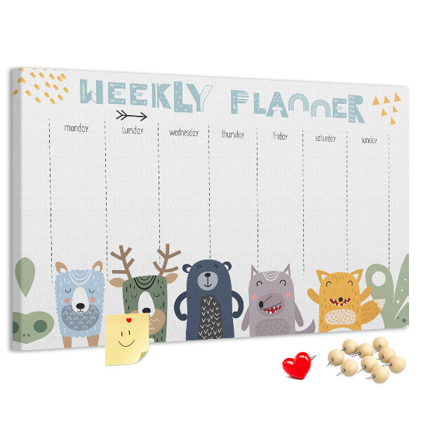 Kurkbord met kleurrijke weekplanner en dierenprint