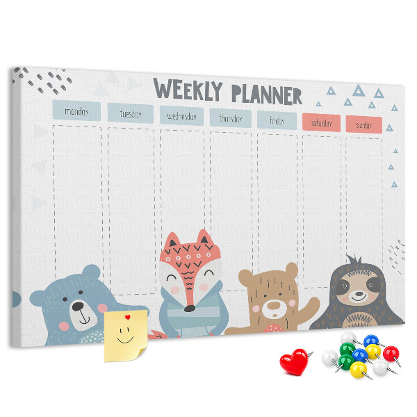 Weekplanner met bosdieren kurk prikbord