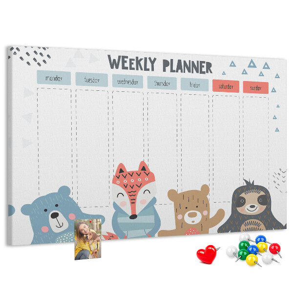 Weekplanner met bosdieren kurk prikbord