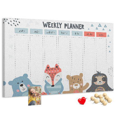 Weekplanner met bosdieren kurk prikbord