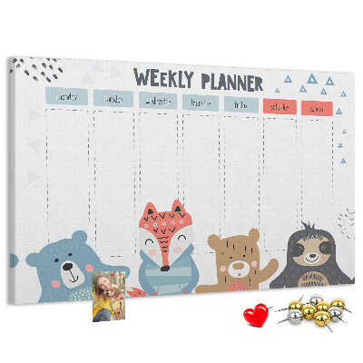 Weekplanner met bosdieren kurk prikbord