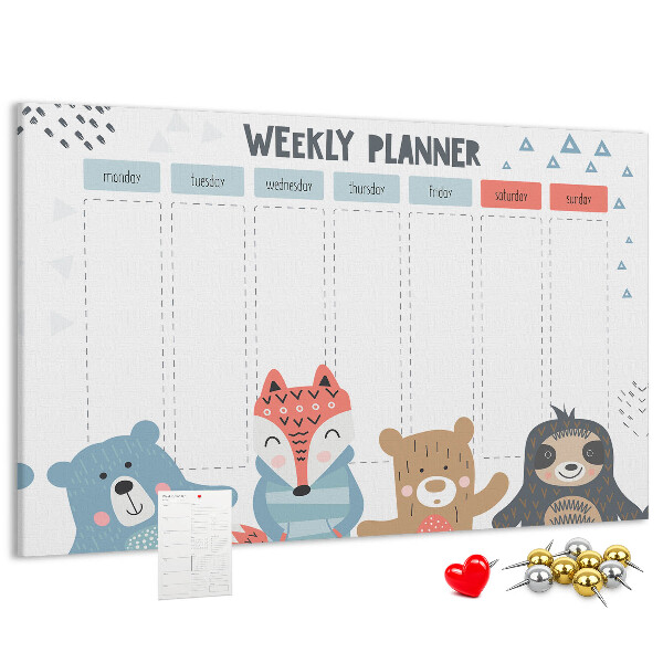 Weekplanner met bosdieren kurk prikbord