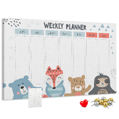 Weekplanner met bosdieren kurk prikbord