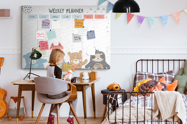 Weekplanner met bosdieren kurk prikbord