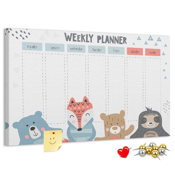 Weekplanner met bosdieren kurk prikbord