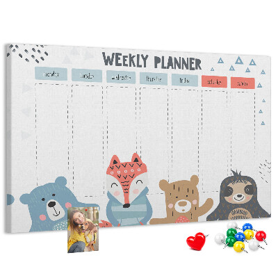 Weekplanner met bosdieren kurk prikbord