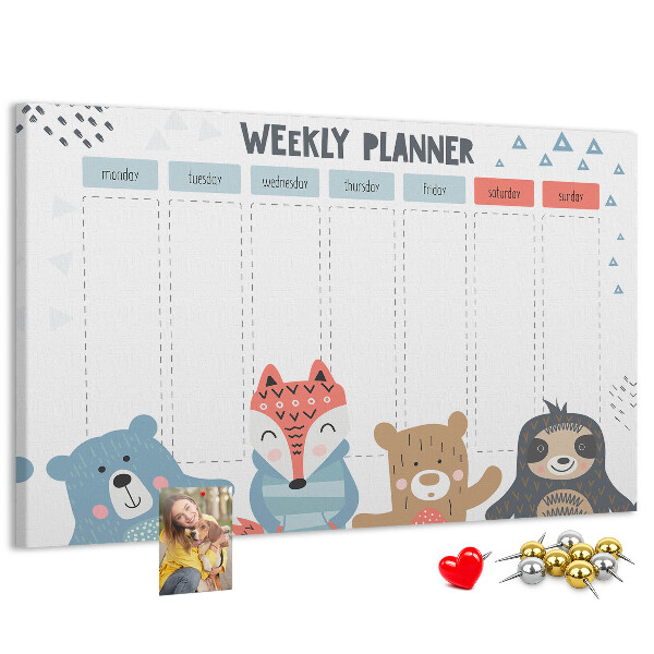 Weekplanner met bosdieren kurk prikbord