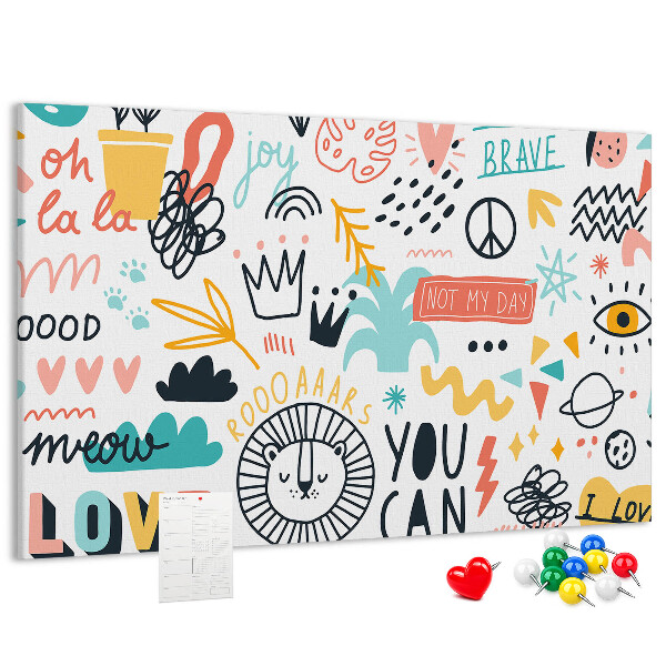 Prikbord met vrolijke patronen, dierenmotieven en teksten