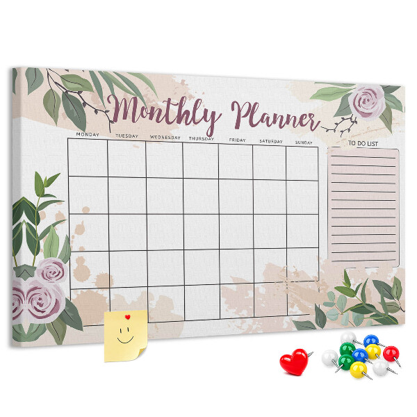 Kurken prikbord maandkalender met bloemenaccenten