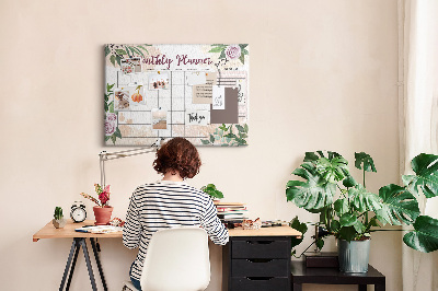 Kurken prikbord maandkalender met bloemenaccenten