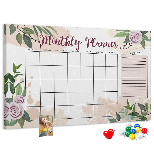 Kurken prikbord maandkalender met bloemenaccenten
