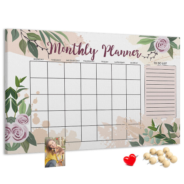 Kurken prikbord maandkalender met bloemenaccenten